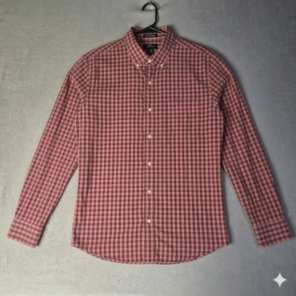 J.Crew Mens Slim Secret Wash Shirt Red Navy Gingham Organic Cotton Stretch Large